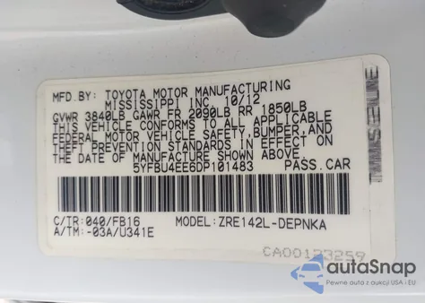 2013 Toyota Corolla Le from USA, damaged, VIN 5YFBU4EE6DP101483